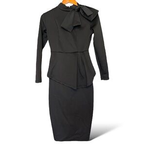 Vintage Inspired Peplum Dress Dark Gray Knee Length Long Sleeve Mock Neck S